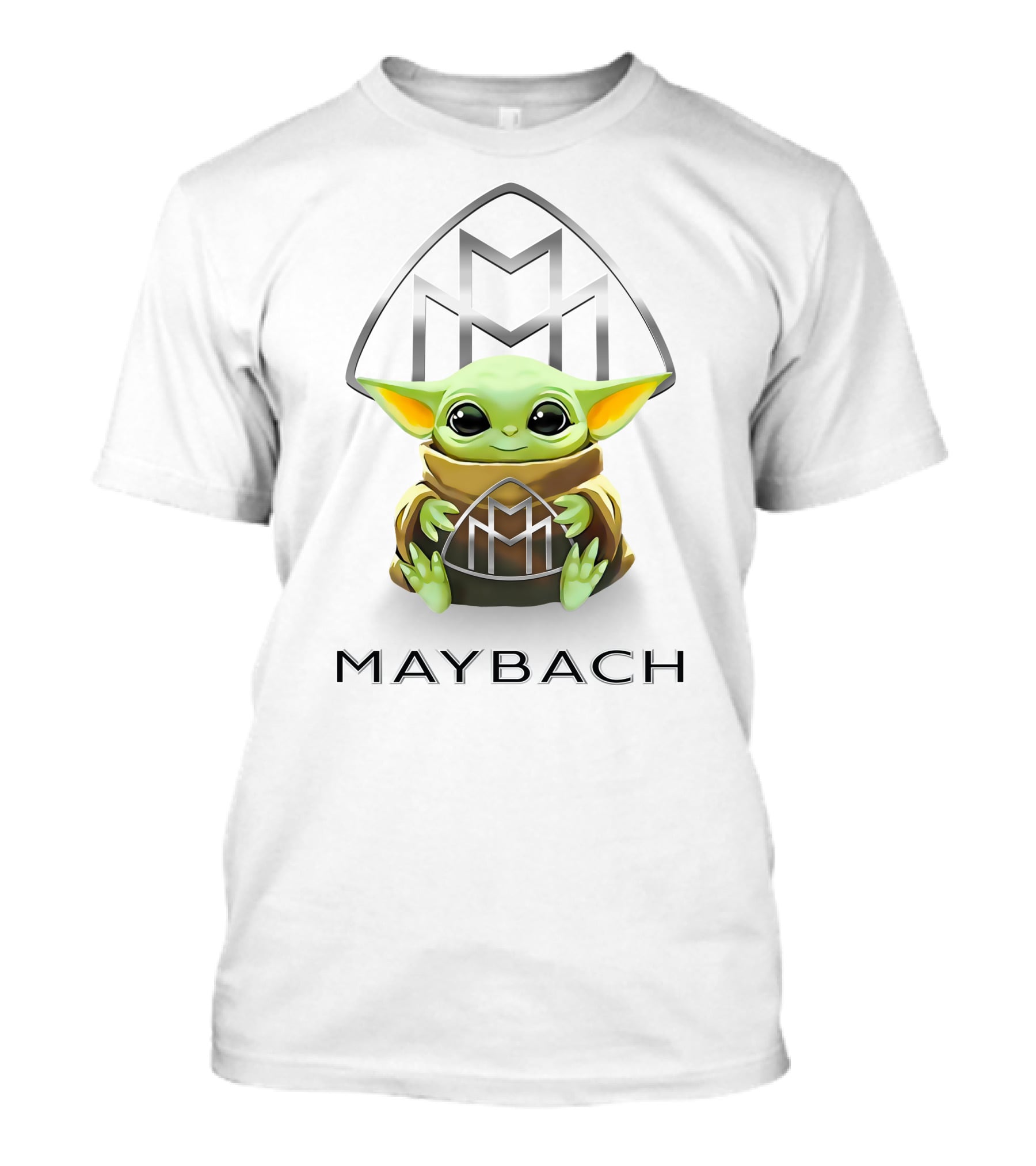 Baby Yoda Holding Maybach Emblem In White T-Shirt