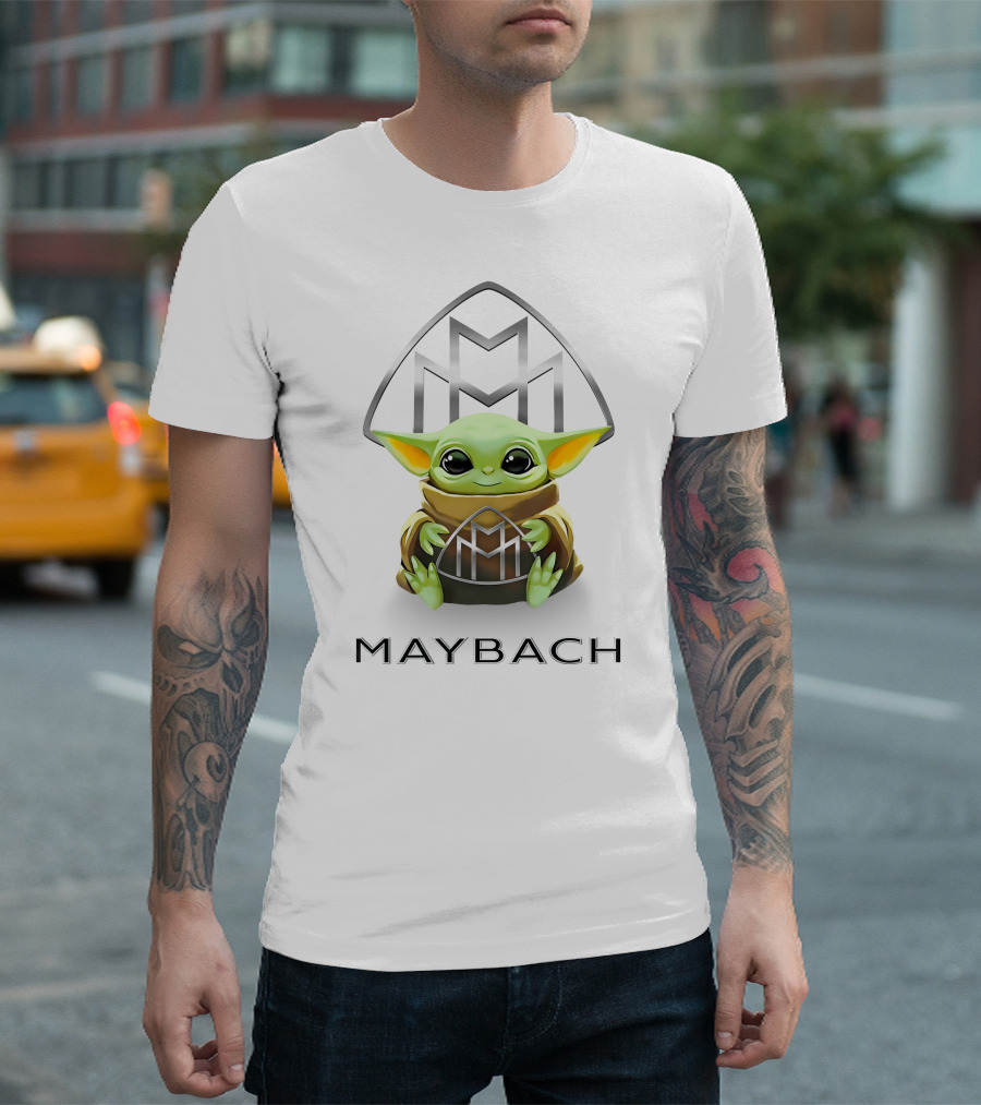 Baby Yoda Holding Maybach Emblem In White T-Shirt