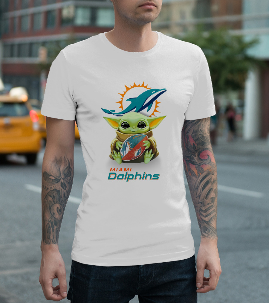 Baby Yoda With Miami Dolphins Logo And Football T-Shirt