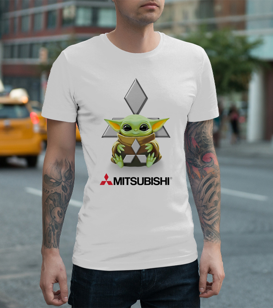 Baby Yoda Hug Mitsubishi Logo White T-Shirt