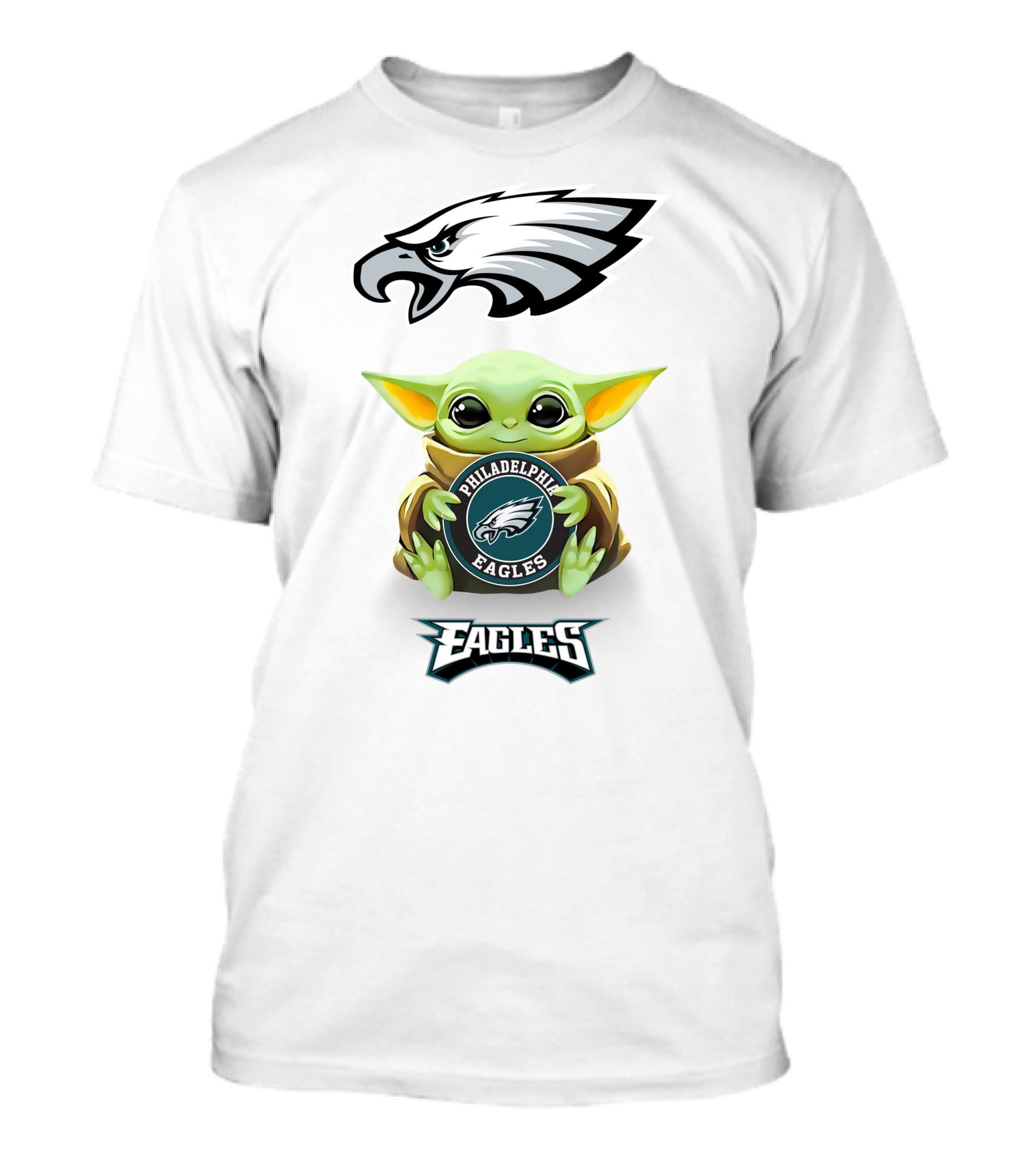 Baby Yoda Holding Philadelphia Eagles Logo Emblem With Eagles Mascot Artwork T-Shirt
