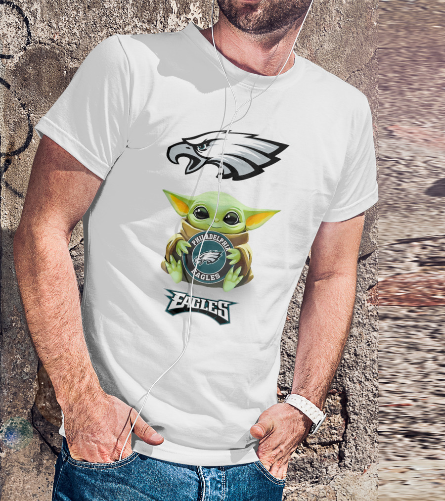 Baby Yoda Holding Philadelphia Eagles Logo Emblem With Eagles Mascot Artwork T-Shirt