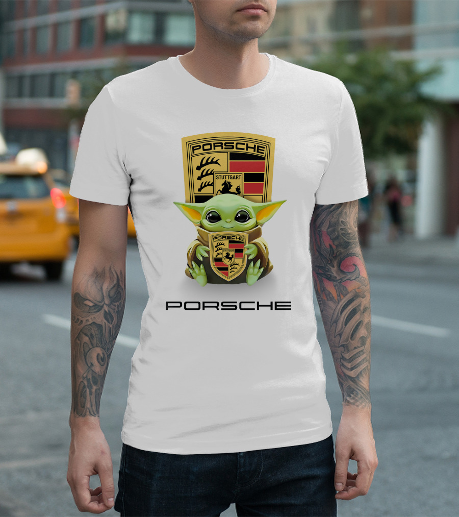 Baby Yoda Holding Stuttgart Porsche Crest T-Shirt