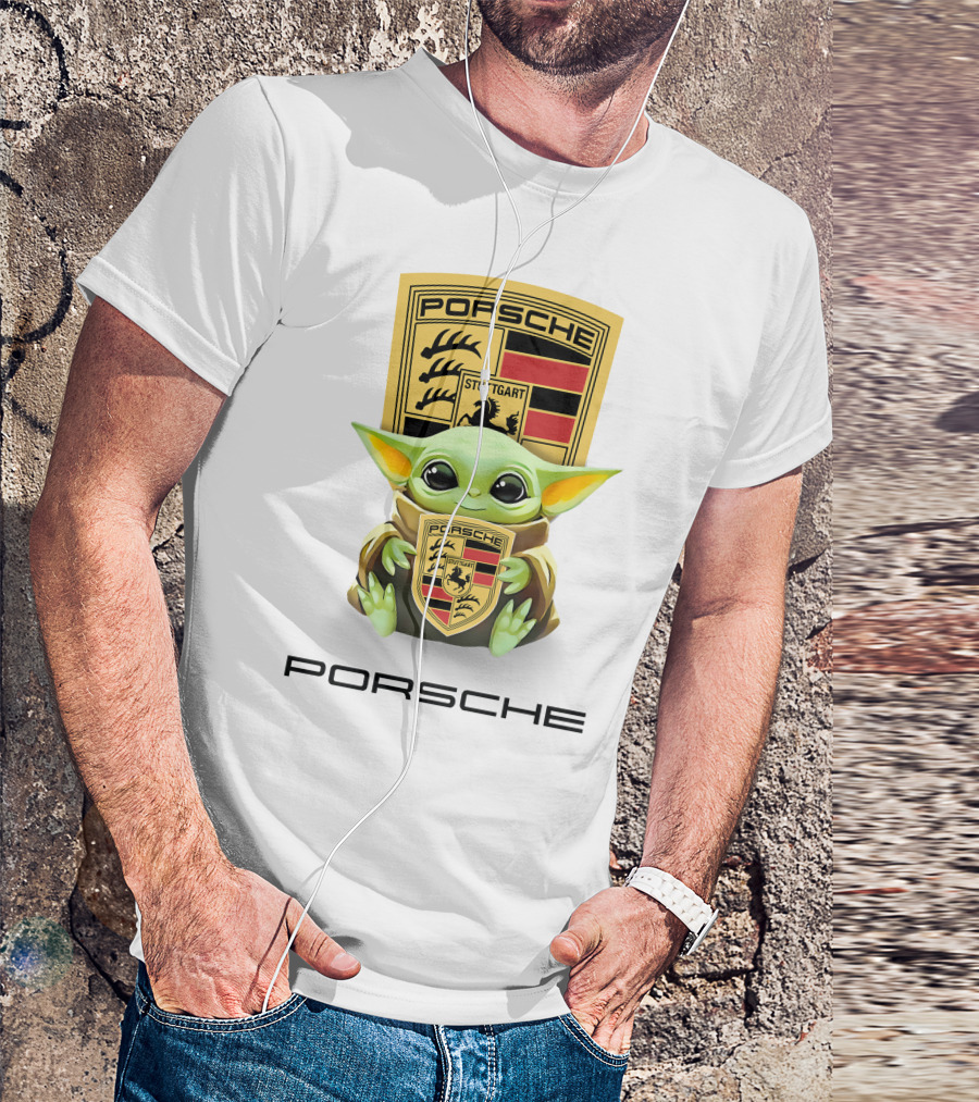 Baby Yoda Holding Stuttgart Porsche Crest T-Shirt