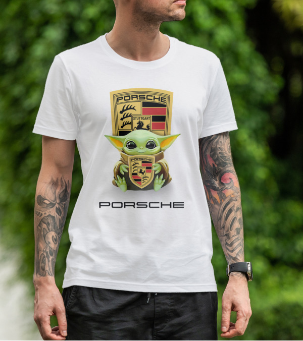 Baby Yoda Holding Stuttgart Porsche Crest T-Shirt