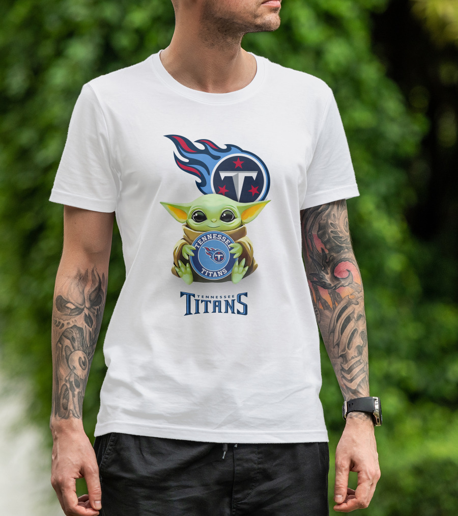 Baby Yoda Holding Tennessee Titans Emblem With Logo White T-Shirt