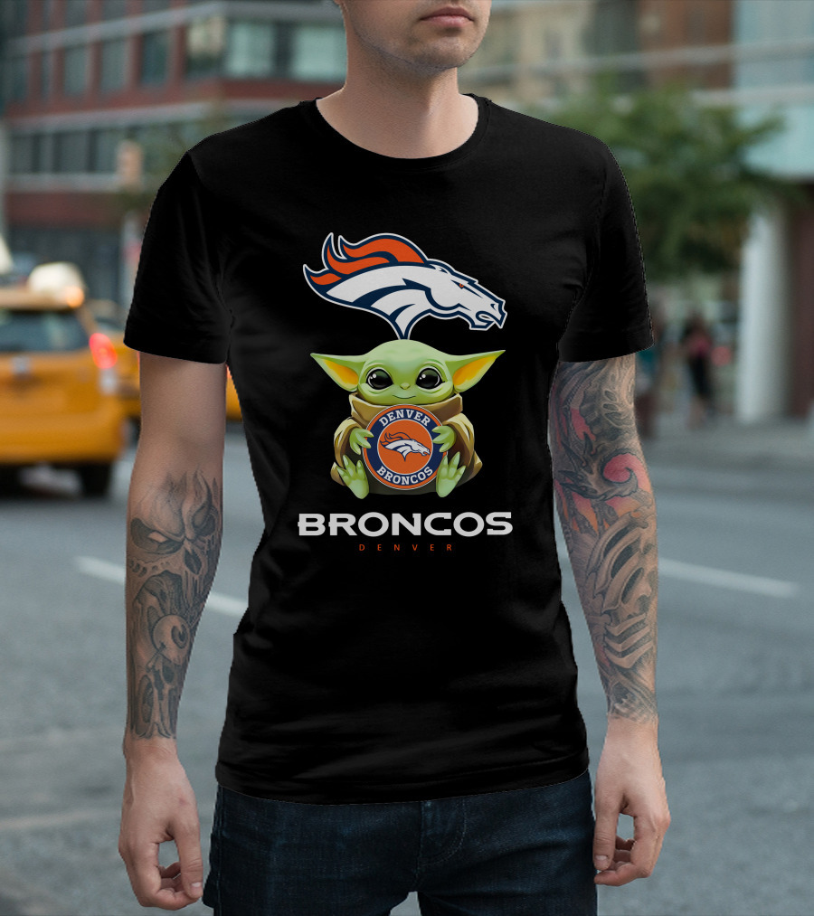 Star Wars Baby Yoda Holding Denver Broncos Emblem T-Shirt