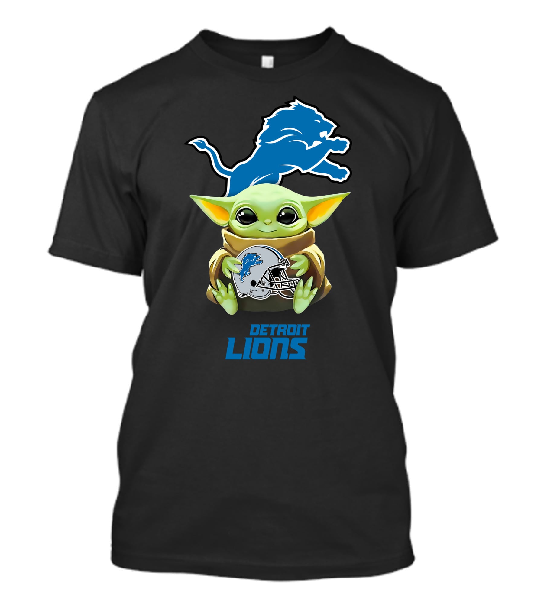 Star Wars Baby Yoda With Detroit Lions Helmet And Blue Lion T-Shirt