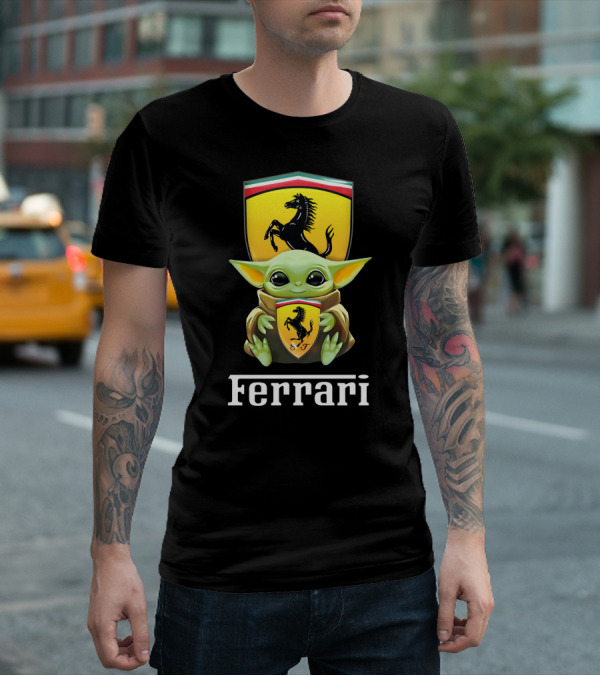 Star Wars Baby Yoda Holding Ferrari Logo Black T-Shirt