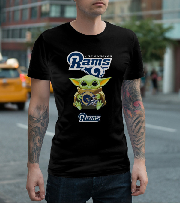 Star Wars Baby Yoda Los Angeles Rams Helmet Hug T-Shirt
