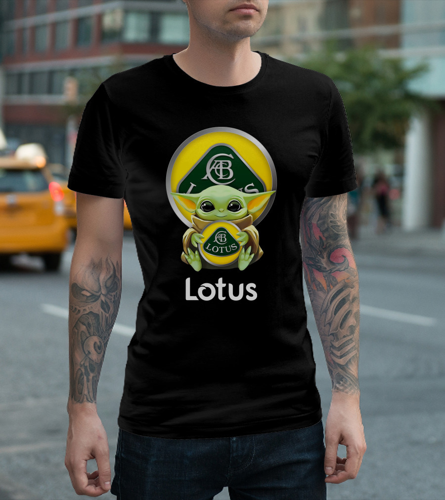 Star Wars Baby Yoda Hugging Lotus Car Logo On Black T-Shirt