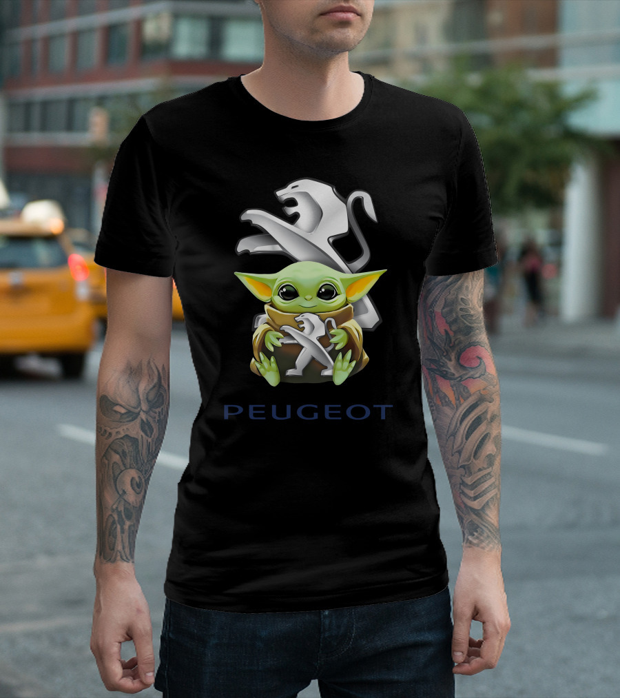 Baby Yoda Hugging Peugeot Lion Logo Star Wars Character T-Shirt