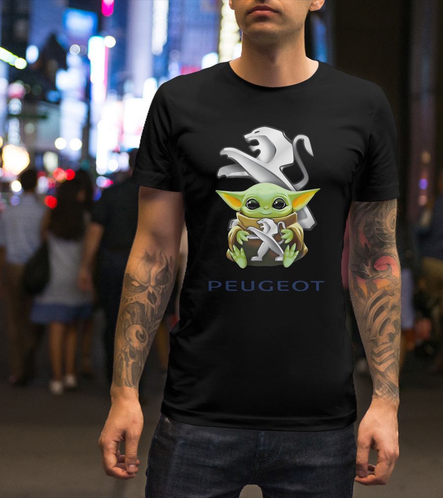 Baby Yoda Hugging Peugeot Lion Logo Star Wars Character T-Shirt