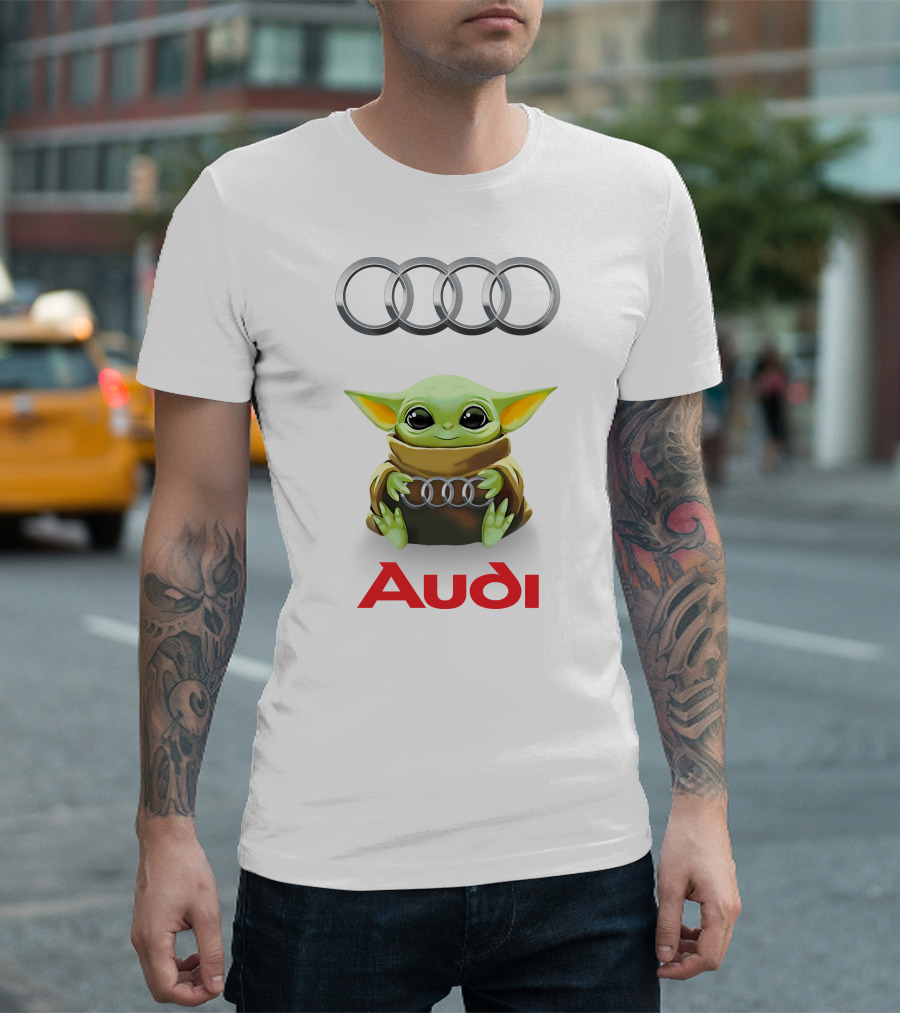 Baby Yoda Holding Audi Silver Rings With Audi T-Shirt