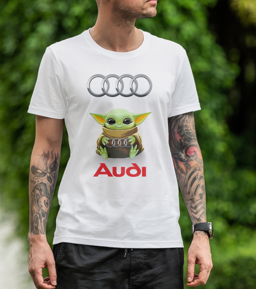 Baby Yoda Holding Audi Silver Rings With Audi T-Shirt