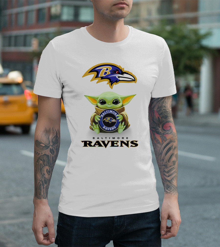 Baby Yoda Holding Baltimore Ravens Logo with Team Emblem and Name T-Shirt