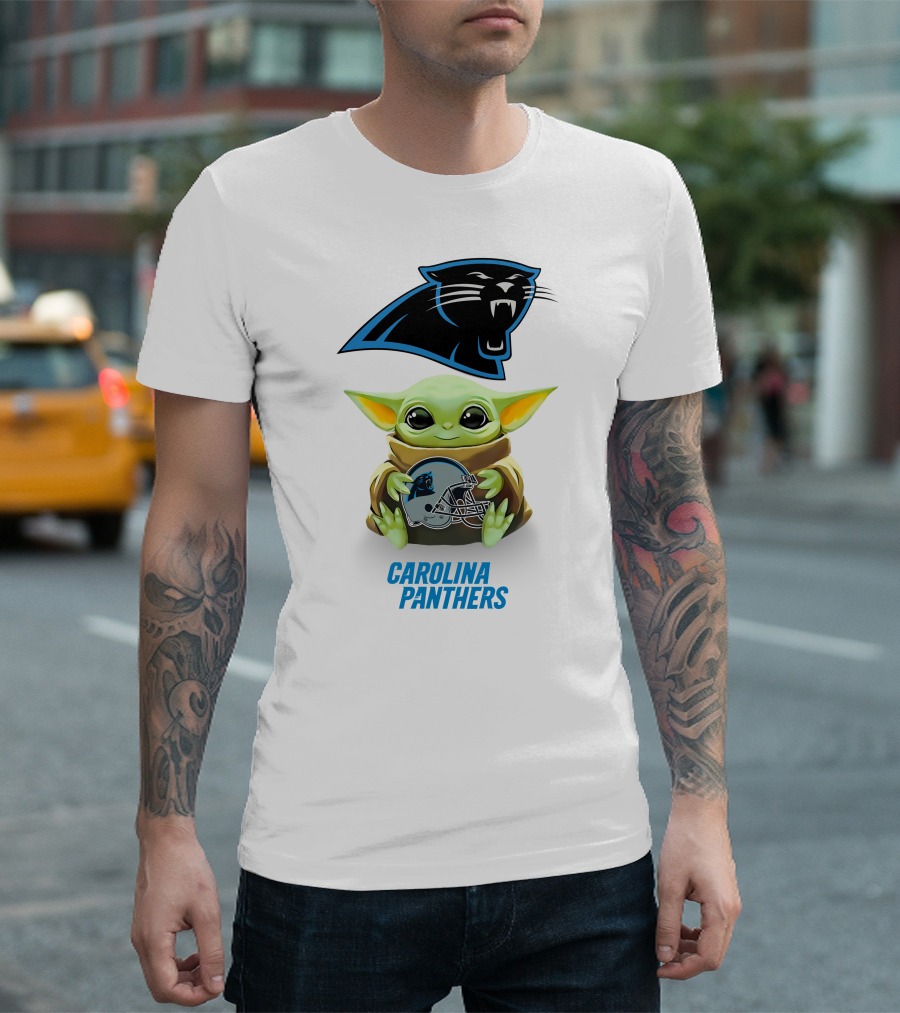 Baby Yoda Holding Carolina Panthers Helmet T-Shirt