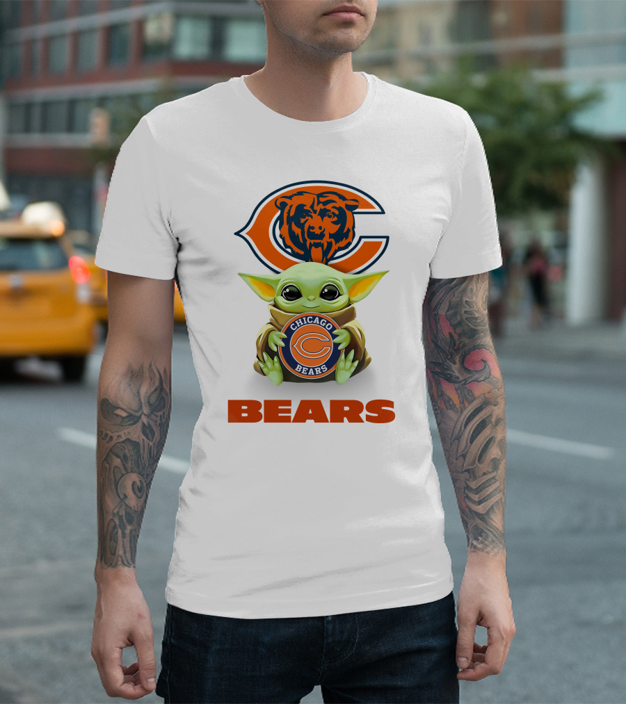 Baby Yoda Holding Chicago Bears Logo with Bears Text T-Shirt
