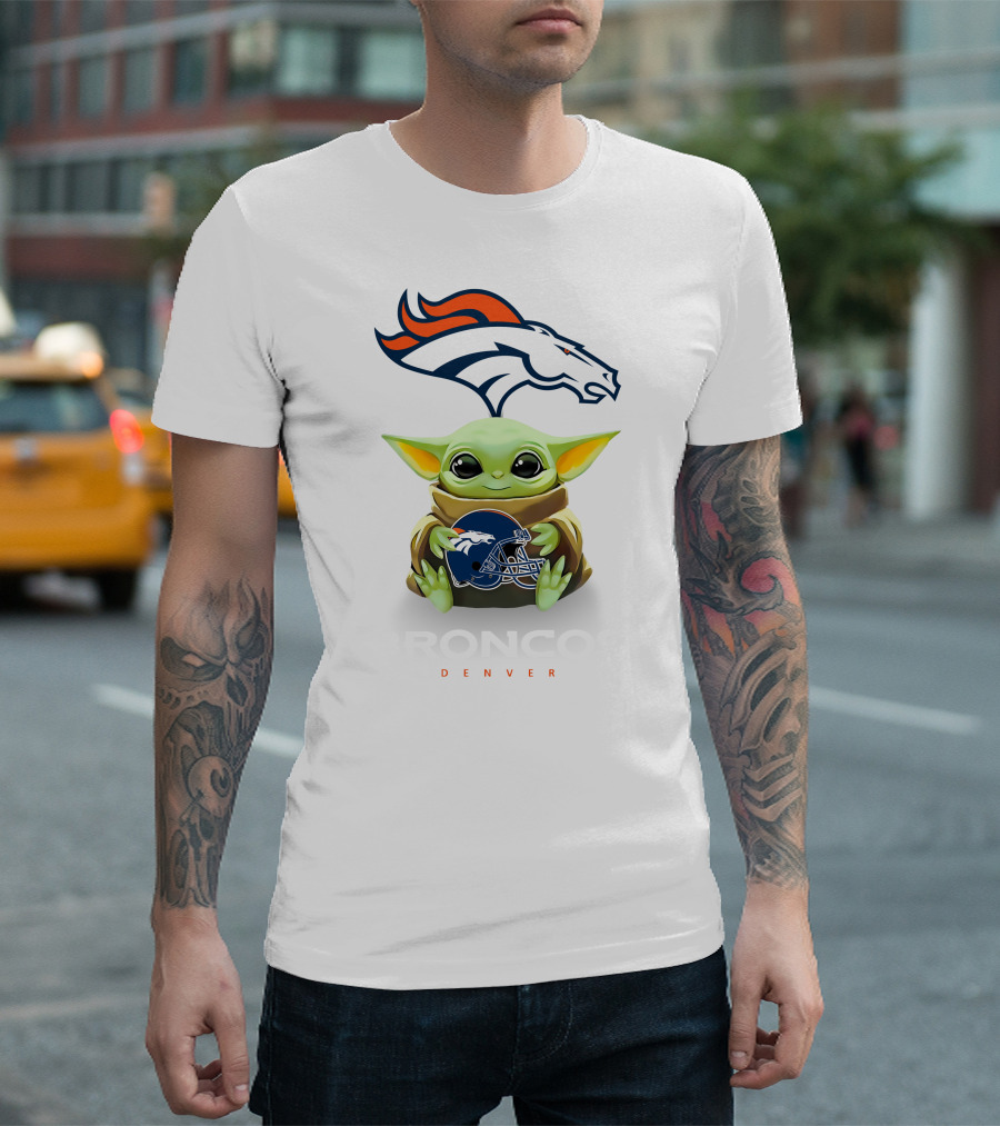 Baby Yoda Holding Denver Broncos Helmet With Broncos T-Shirt