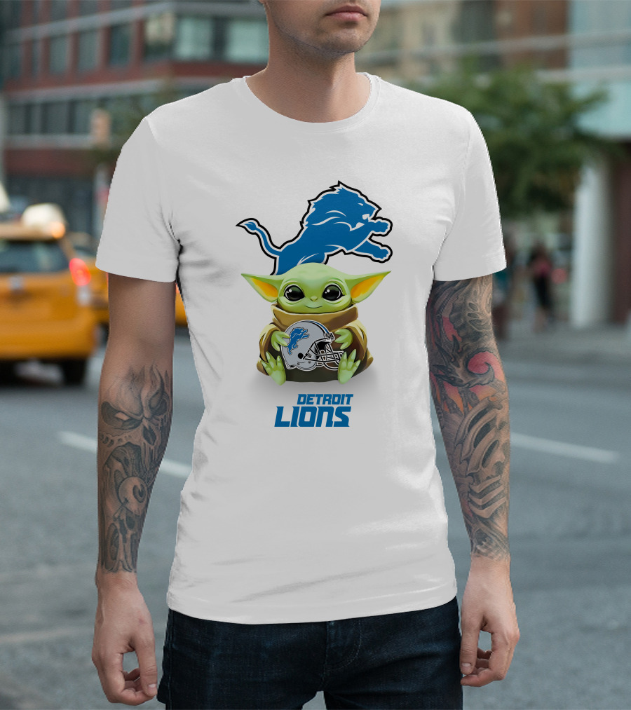 Baby Yoda With Detroit Lions Logo And Helmet Featuring Blue Lion T-Shirt