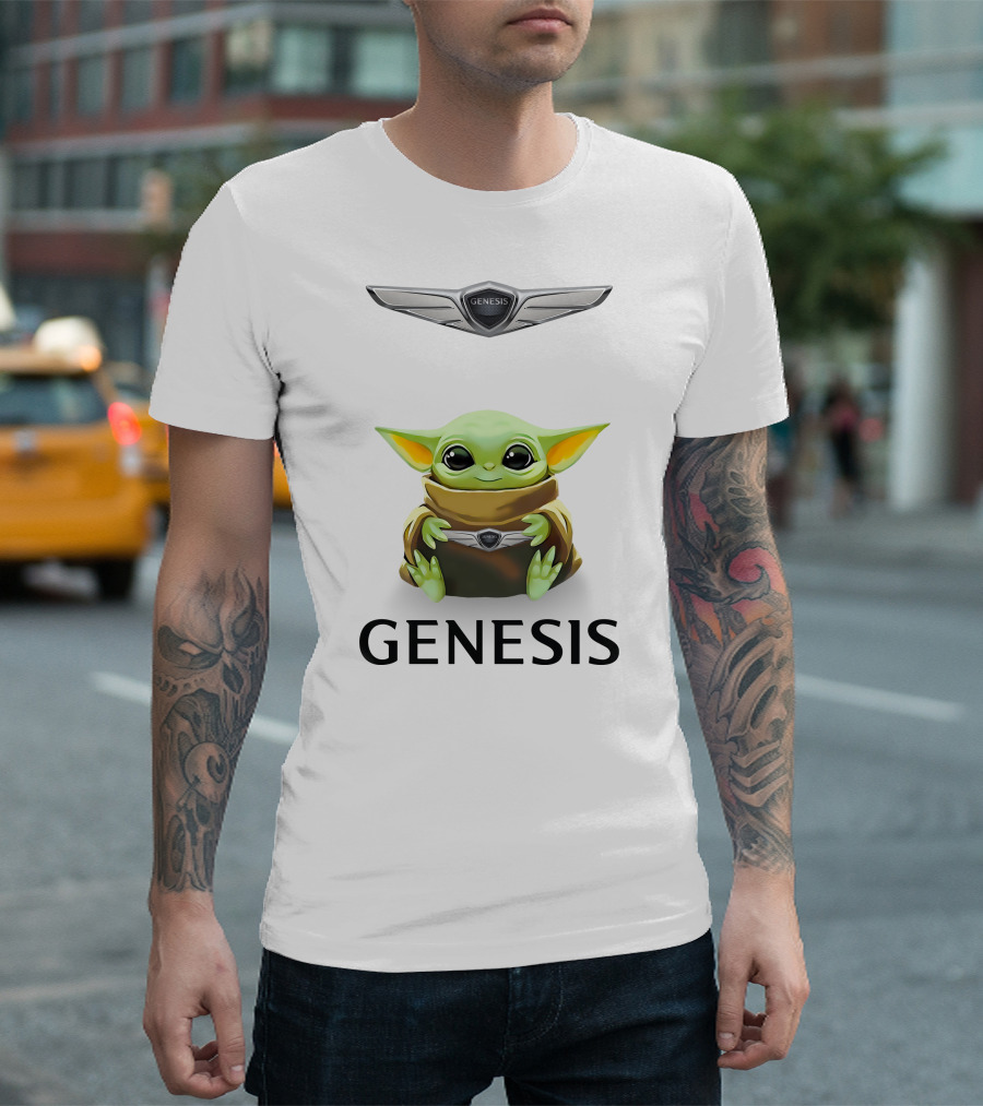 Baby Yoda Hugging Genesis Logo with Genesis Emblem T-Shirt