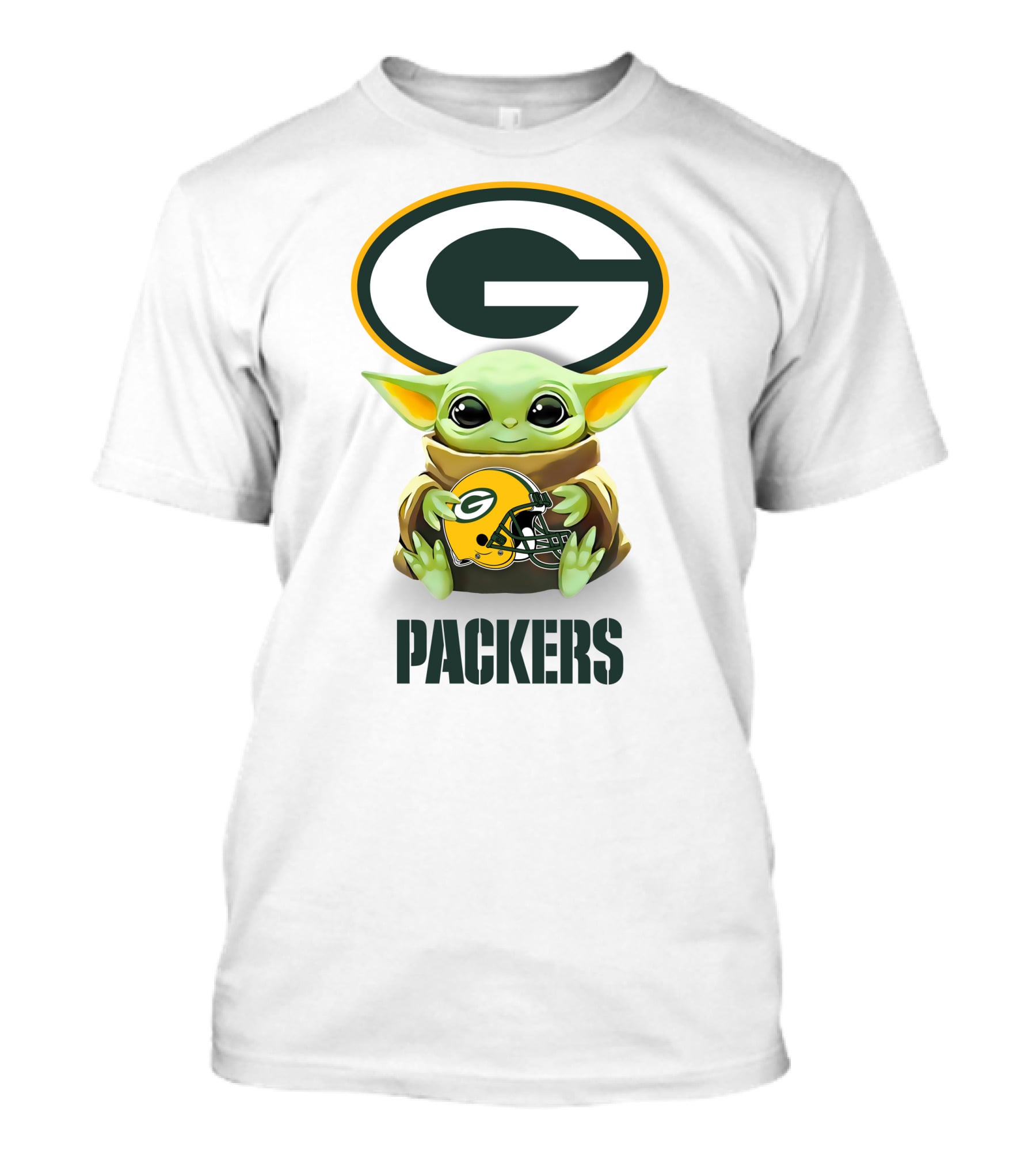 Baby Yoda Hugging Green Bay Packers Helmet With Logo And Packers Text T-Shirt