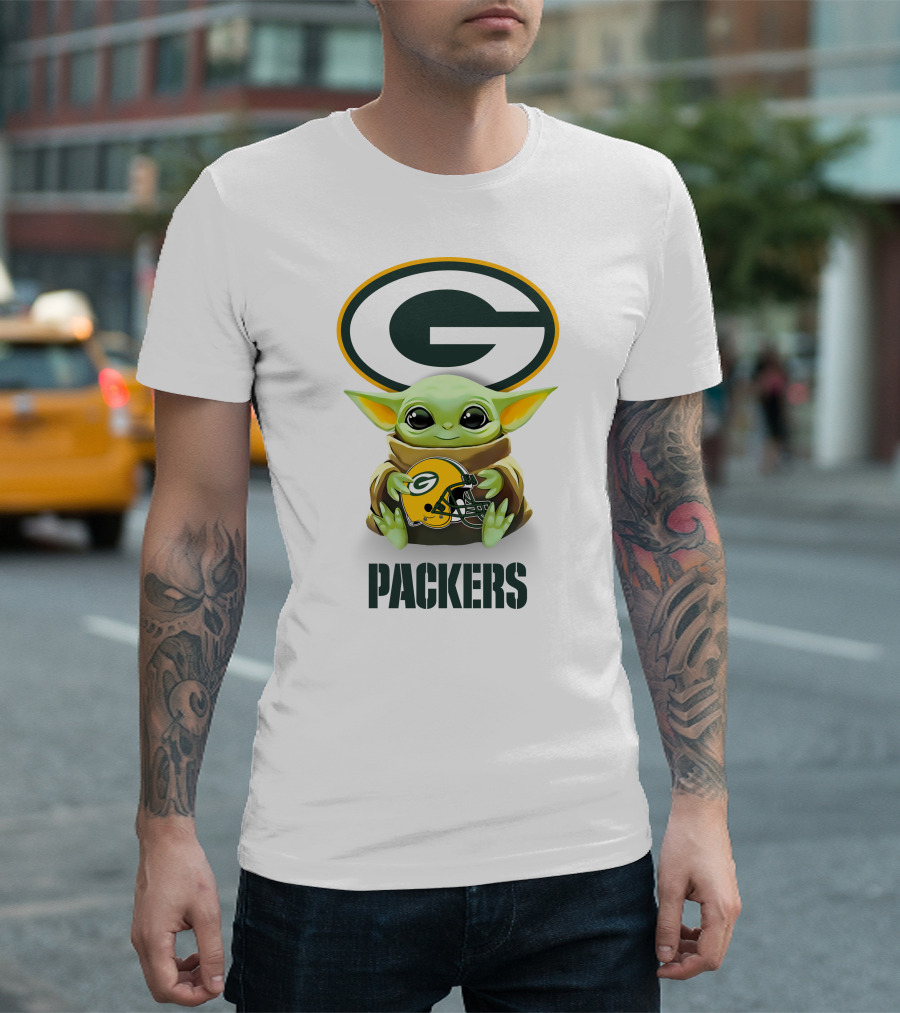 Baby Yoda Hugging Green Bay Packers Helmet With Logo And Packers Text T-Shirt