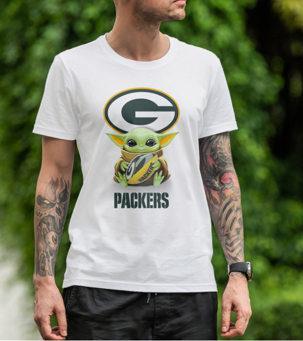 Baby Yoda Packers Football Hug Green Bay Logo White T-Shirt