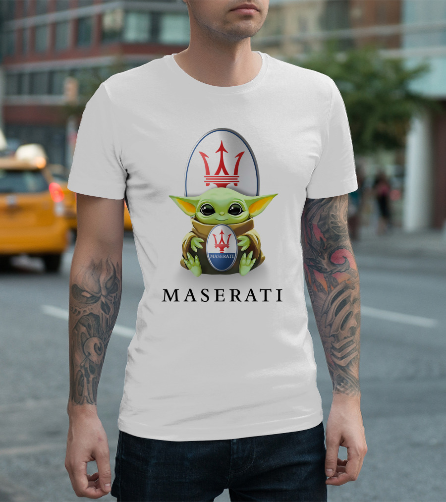 Maserati Emblem With Baby Yoda Hugging Iconic Logo White Background T-Shirt