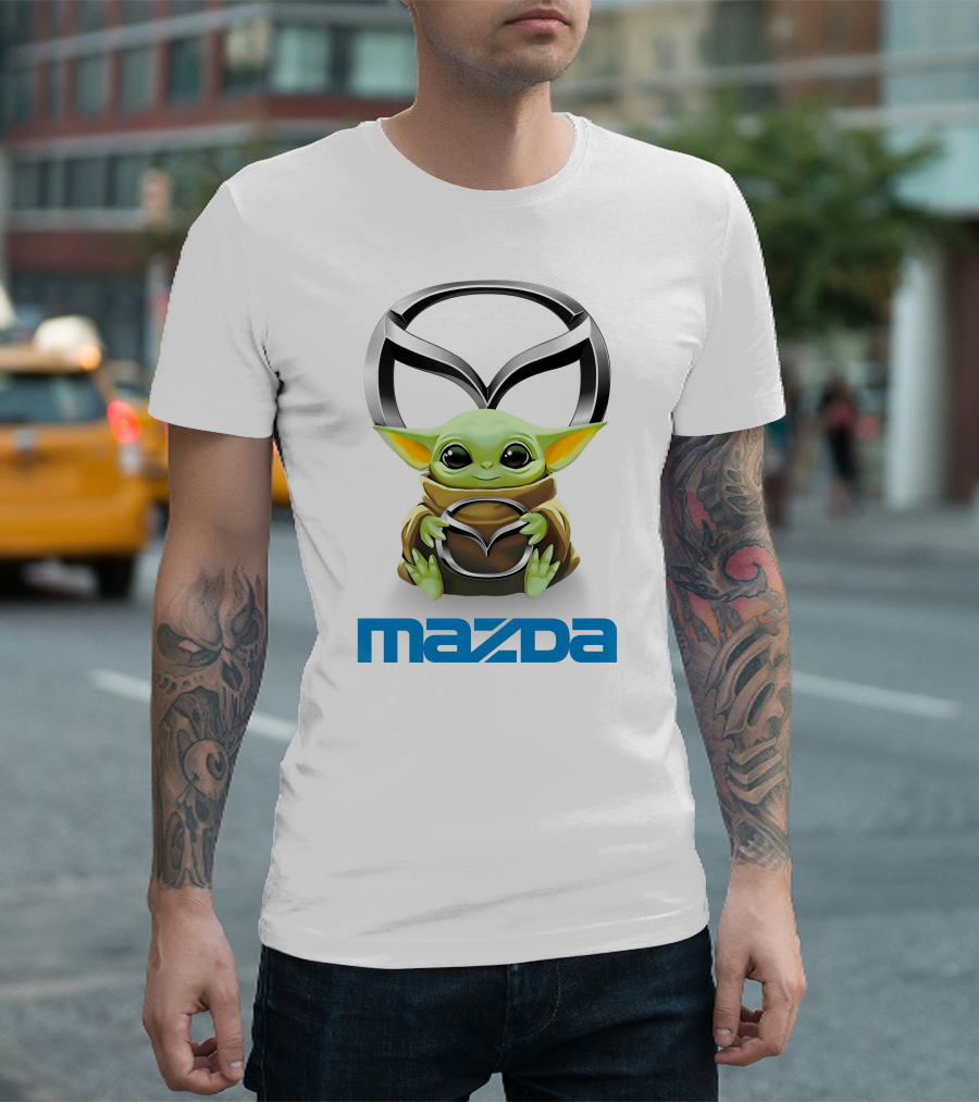 Baby Yoda Hug Mazda Logo White T-Shirt