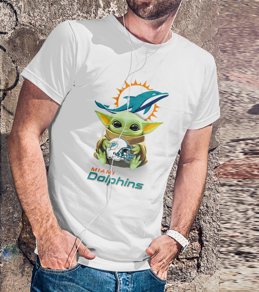 Baby Yoda Holding Miami Dolphins Helmet T-Shirt