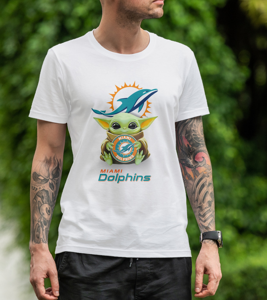 Baby Yoda Holding Miami Dolphins Logo Fan T-Shirt