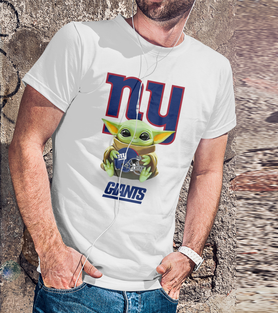 Baby Yoda Holding New York Giants Helmet Under Team T-Shirt