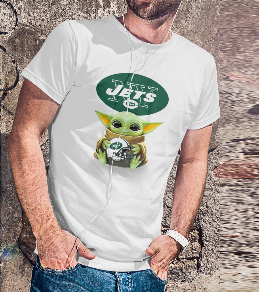 Baby Yoda Holding New York Jets Football Helmet T-Shirt
