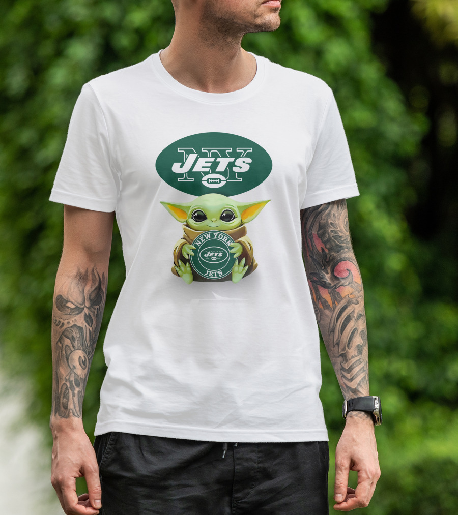 Baby Yoda Holding New York Jets Football T-Shirt