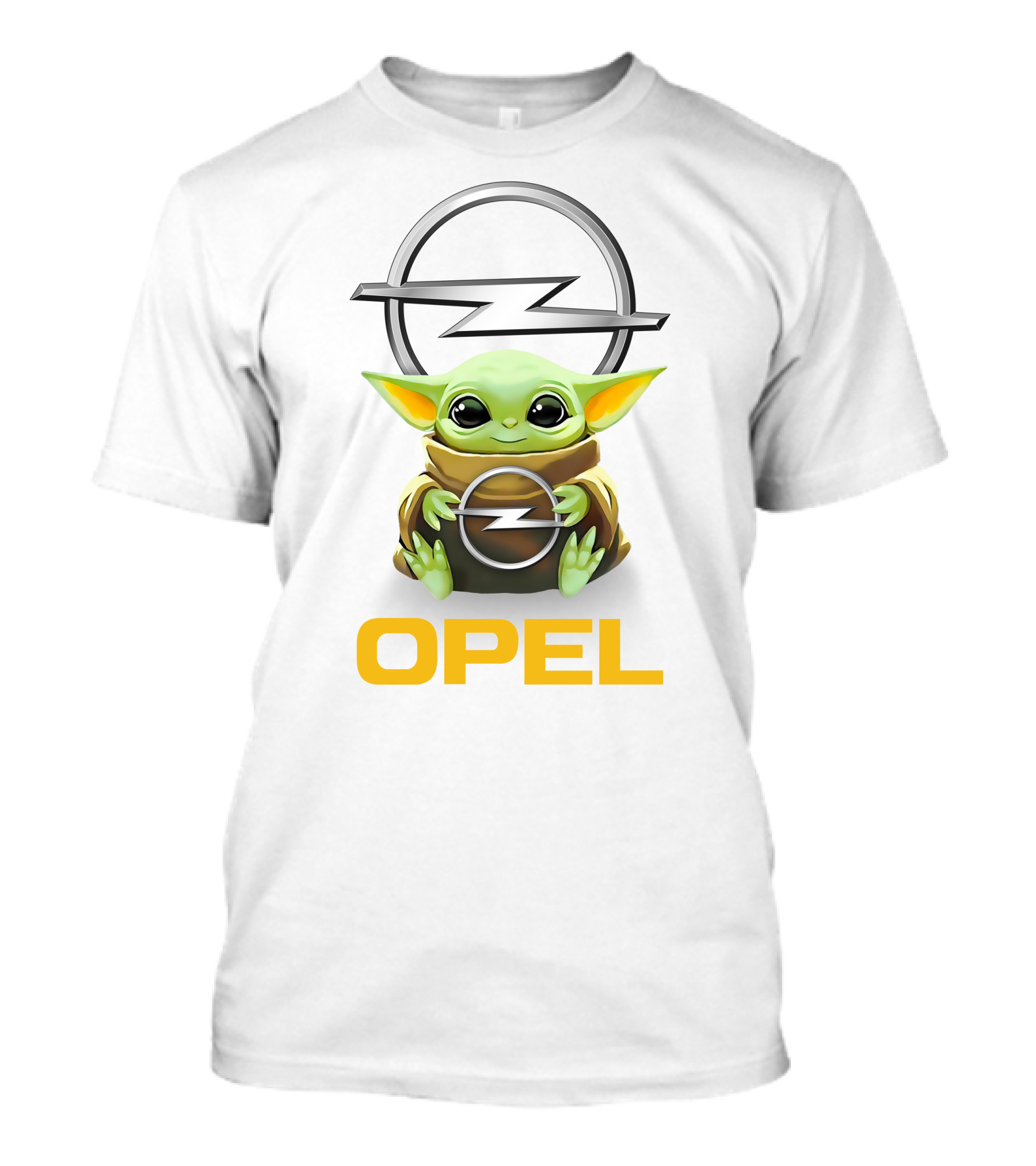 Baby Yoda Hugging Opel Logo With Text OPEL In White T-Shirt