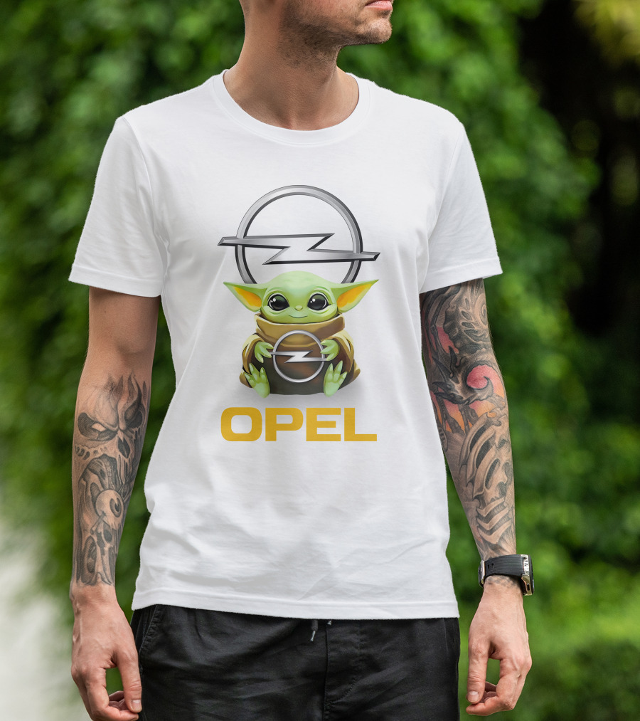 Baby Yoda Hugging Opel Logo With Text OPEL In White T-Shirt