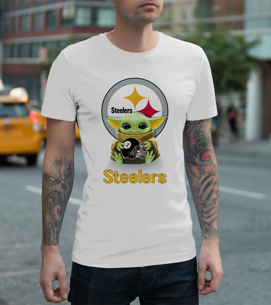 Steelers Baby Yoda Holding Pittsburgh Helmet T-Shirt