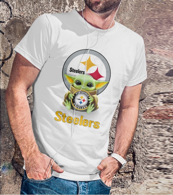 Baby Yoda Hug Pittsburgh Steelers Logo Steelers T-Shirt