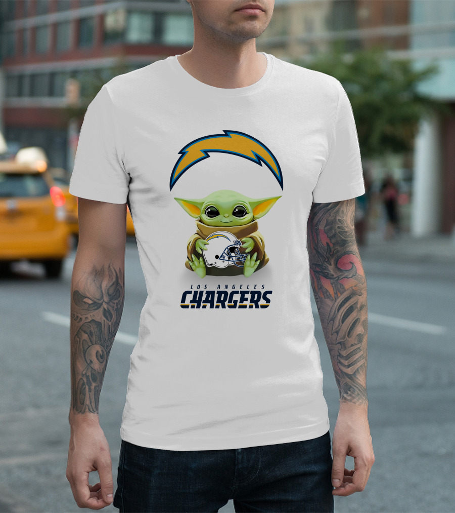 Baby Yoda Los Angeles Chargers Helmet Hug T-Shirt
