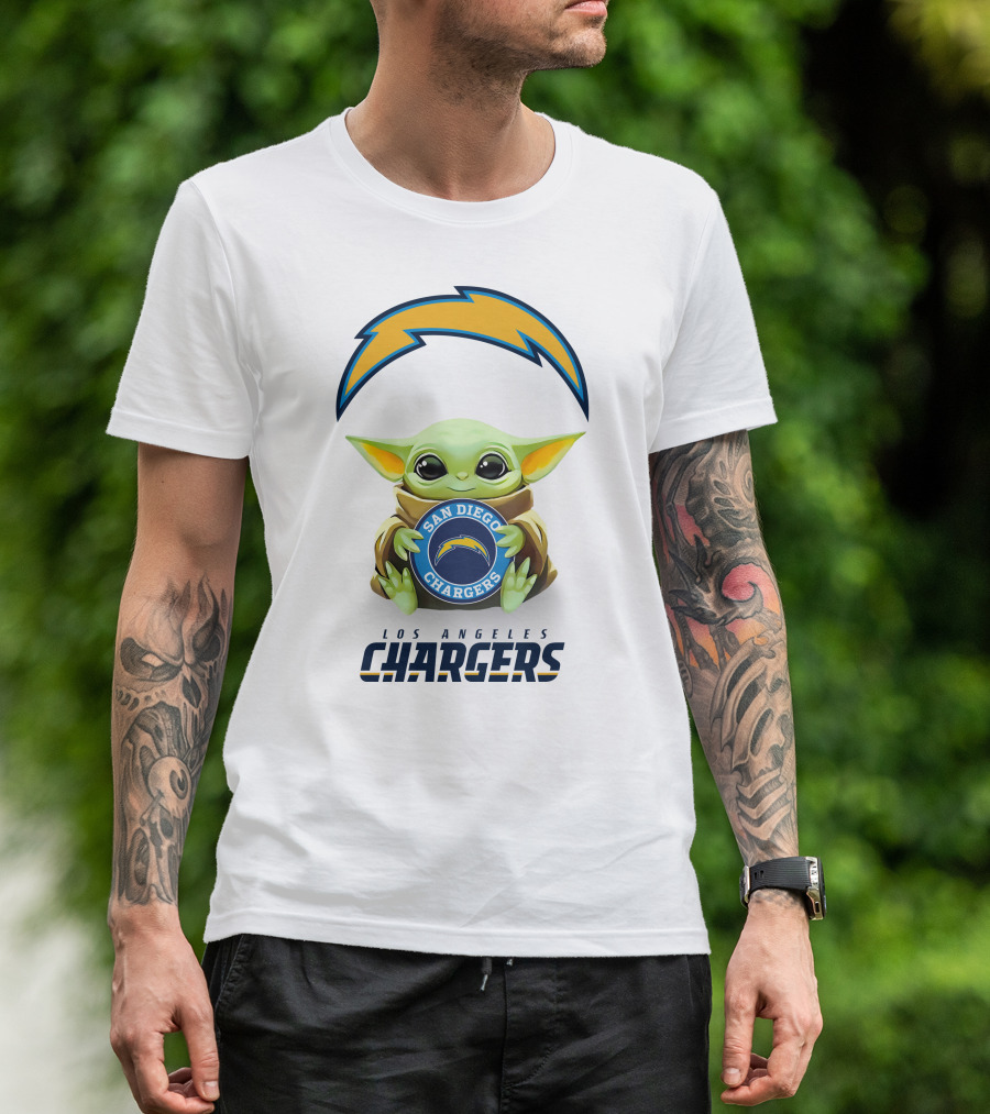 Baby Yoda Hug San Diego Chargers Los Angeles Chargers Logo White T-Shirt