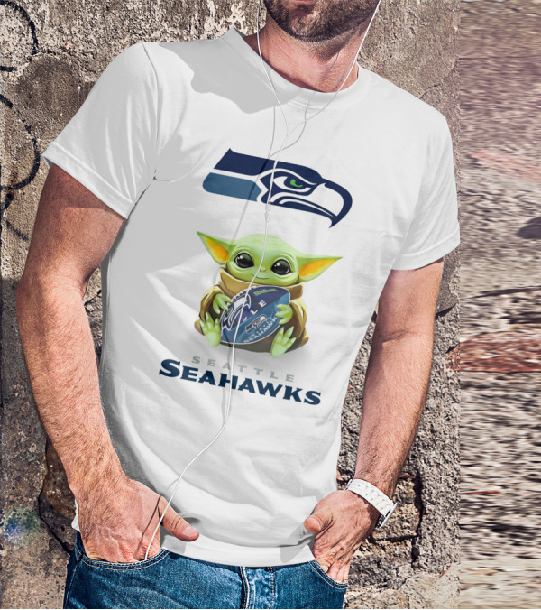 Baby Yoda Hug Seattle Seahawks Football Fan Gear T-Shirt