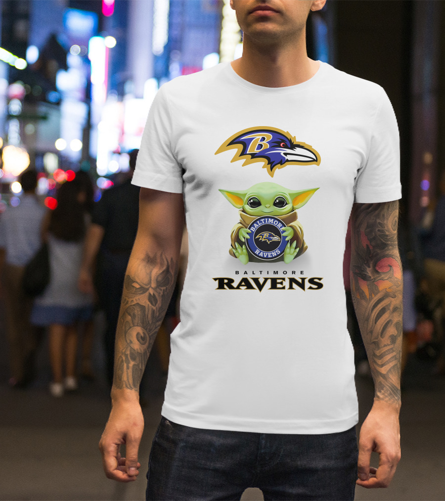 Star Wars Baby Yoda Holding Baltimore Ravens Emblem Ravens T-Shirt
