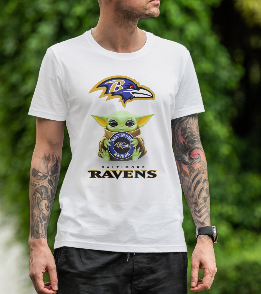 Star Wars Baby Yoda Holding Baltimore Ravens Emblem Ravens T-Shirt