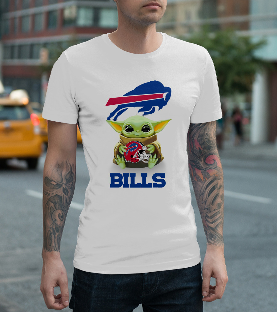 Baby Yoda Hug Buffalo Bills Helmet Star Wars White T-Shirt