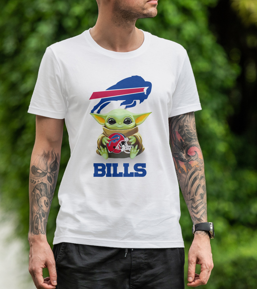Baby Yoda Hug Buffalo Bills Helmet Star Wars White T-Shirt