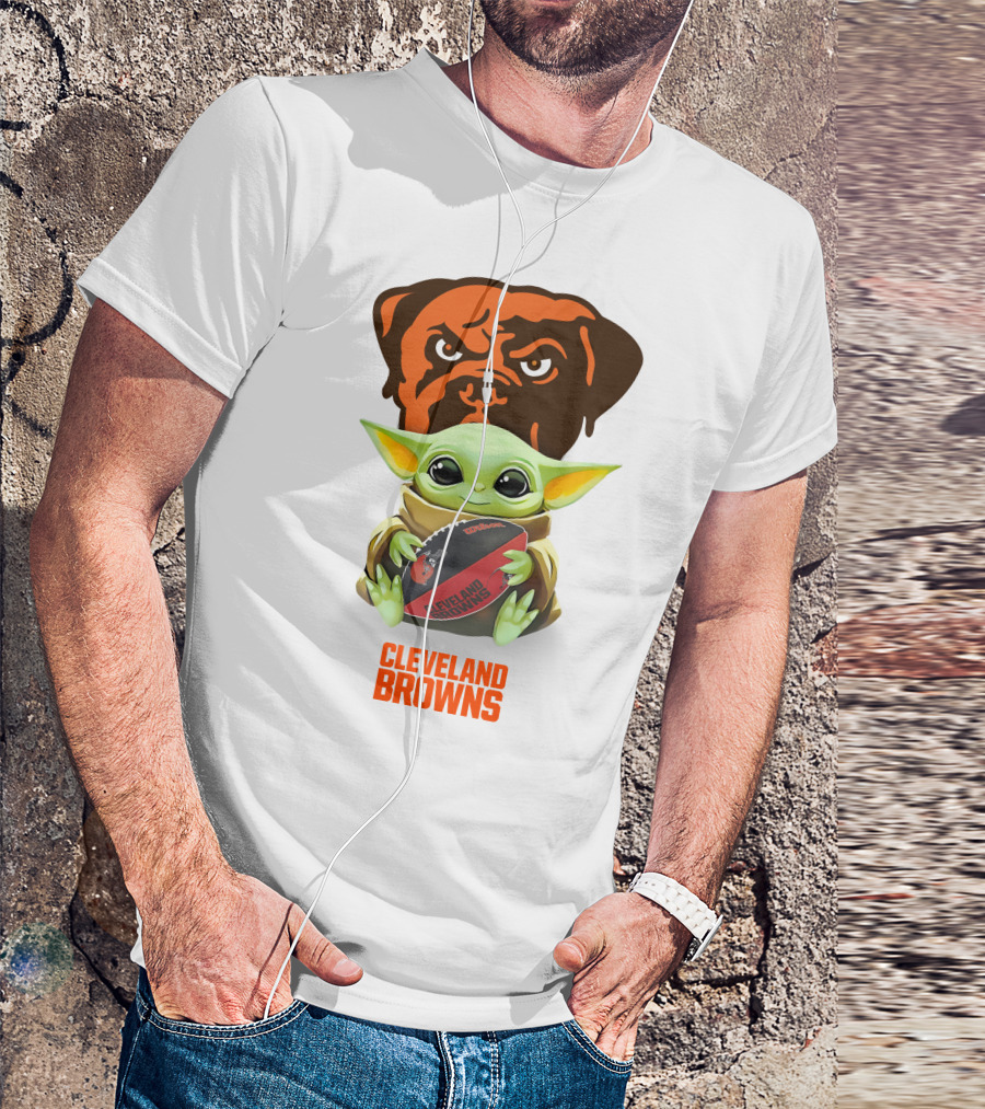 Baby Yoda Holding Cleveland Browns Football With Team Logo Background T-Shirt