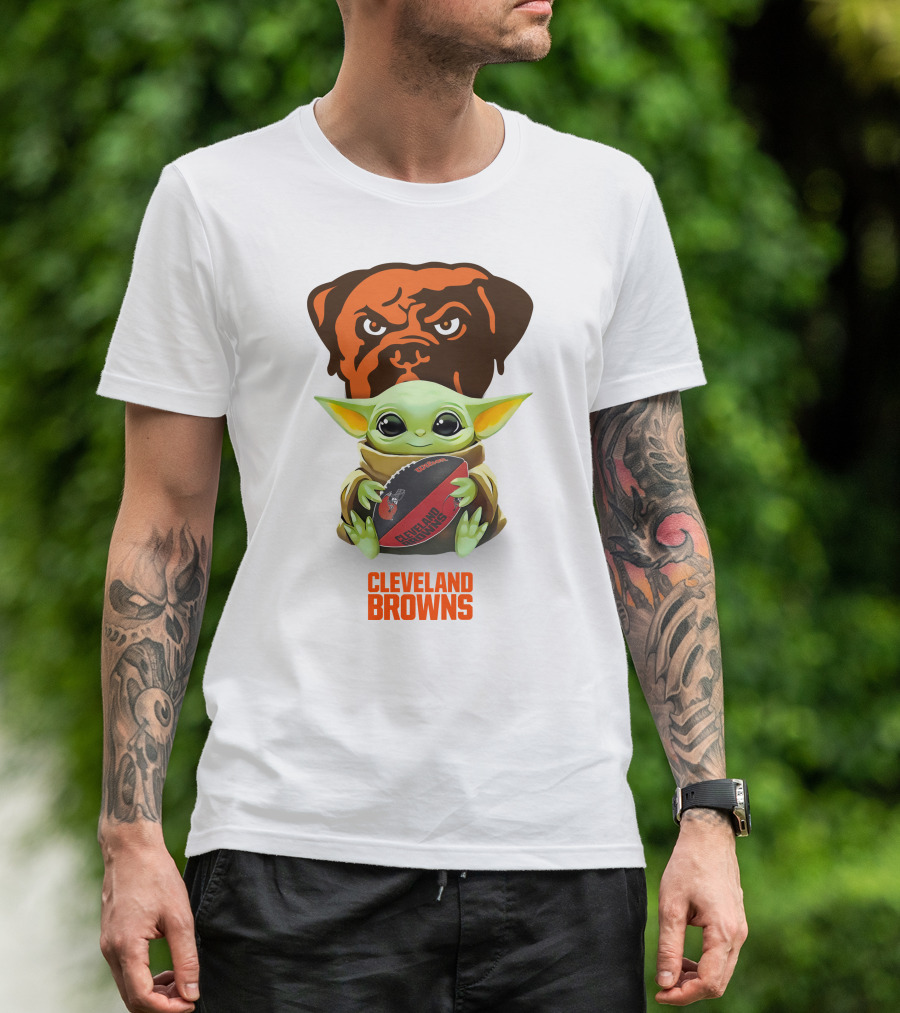 Baby Yoda Holding Cleveland Browns Football With Team Logo Background T-Shirt