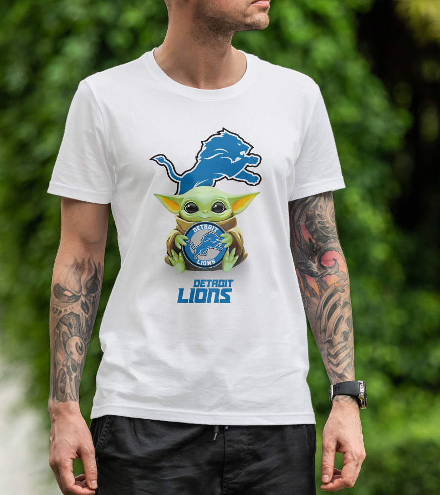 Star Wars Baby Yoda Detroit Lions Hugging Logo White T-Shirt