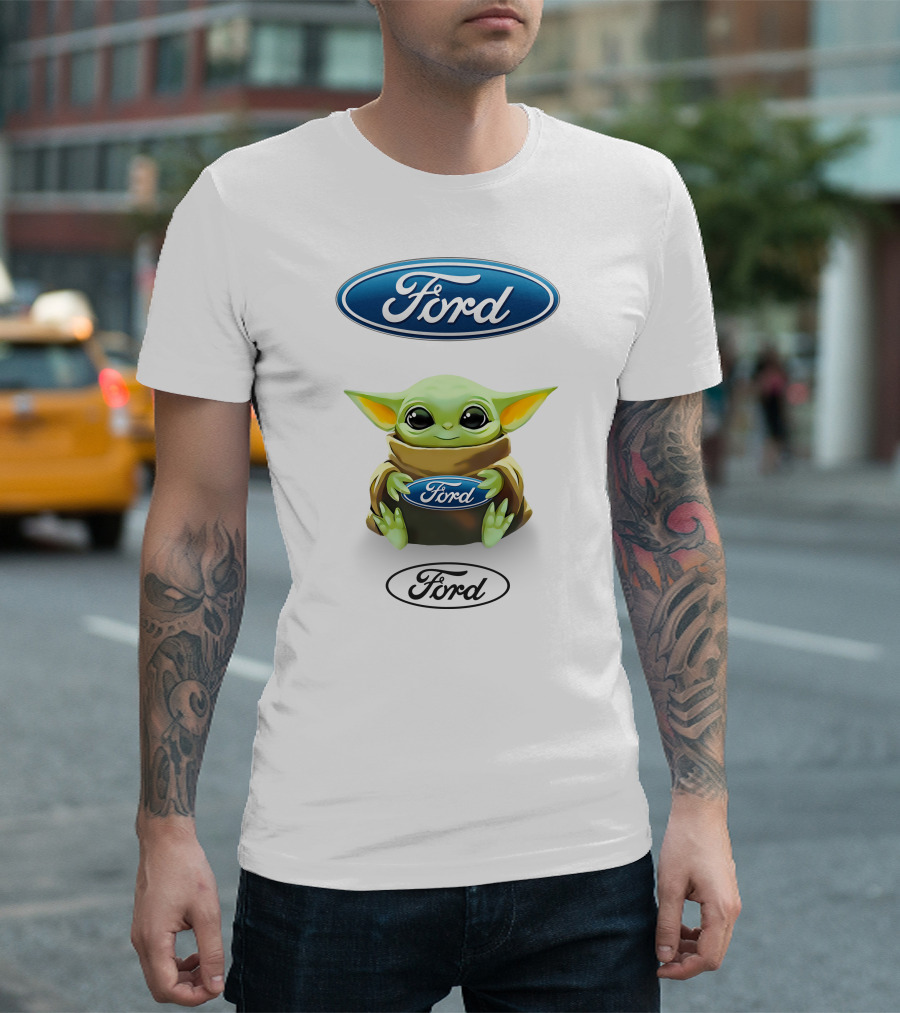 Star Wars Baby Yoda Holding Ford Logo White Background T-Shirt